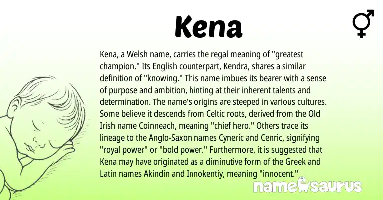 Infographic about Kena name meaning, Kena is a name from Anglo-Saxon, English, Welsh, Latin, Celtic, Greek, Old Irish origin(s).