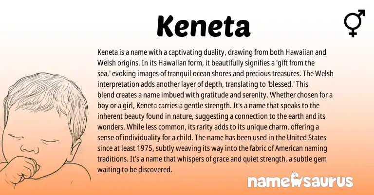 Infographic about Keneta name meaning, Keneta is a name from Welsh, Hawaiian origin(s).