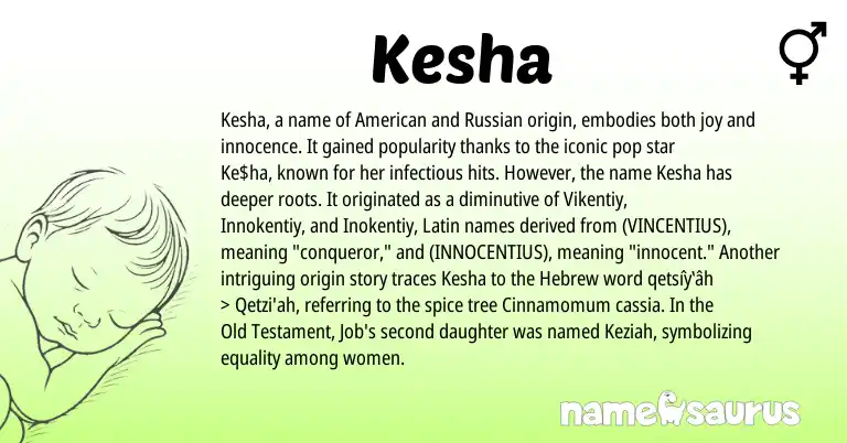 Infographic about Kesha name meaning, Kesha is a name from Russian, Latin, American, Hebrew origin(s).