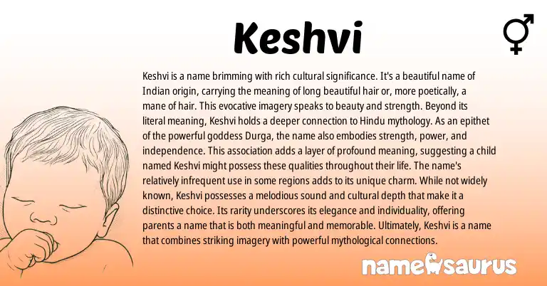 Infographic about Keshvi name meaning, Keshvi is a name from Indian, Hindu, Sanskrit origin(s).