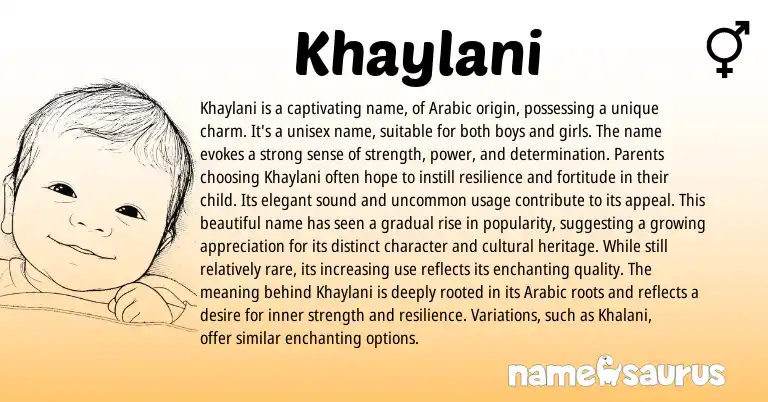 Infographic about Khaylani name meaning, Khaylani is a name from Arabic origin(s).