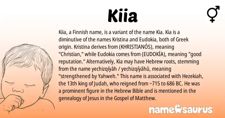Infographic about Kiia name meaning, Kiia is a name from Finnish, Hebrew, Greek origin(s).