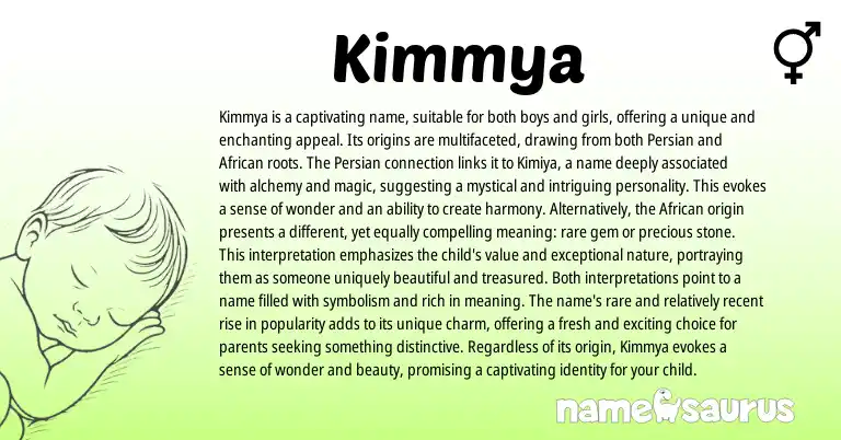 Infographic about Kimmya name meaning, Kimmya is a name from Persian origin(s).