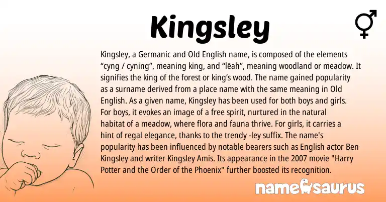 Infographic about Kingsley name meaning, Kingsley is a name from Old English, English, Germanic, Amis origin(s).