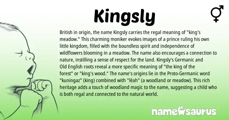 Infographic about Kingsly name meaning, Kingsly is a name from Old English, British, Germanic origin(s).