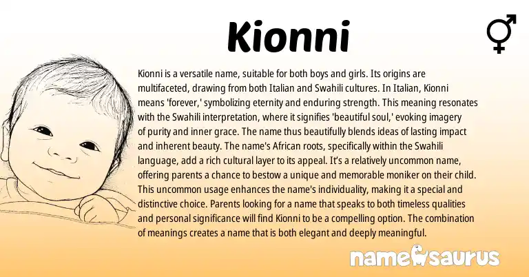 Infographic about Kionni name meaning, Kionni is a name from Italian, Swahili origin(s).