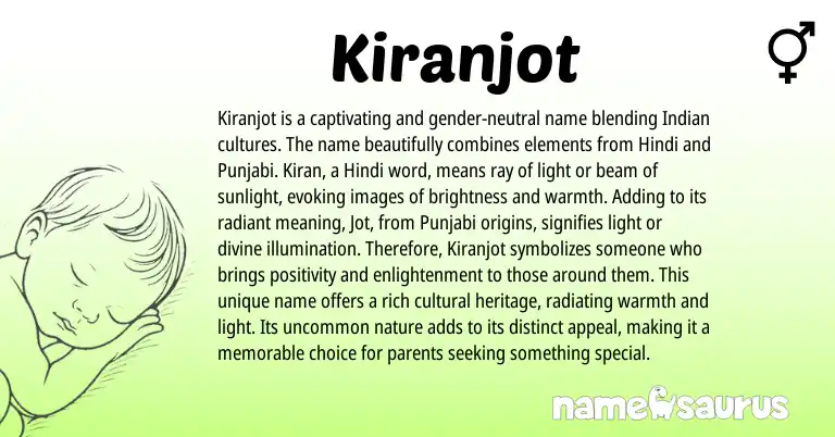 Infographic about Kiranjot name meaning, Kiranjot is a name from Indian, Punjabi, Sikh, Hindi origin(s).