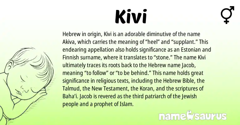 Infographic about Kivi name meaning, Kivi is a name from Jewish, Finnish, Estonian, Hebrew origin(s).