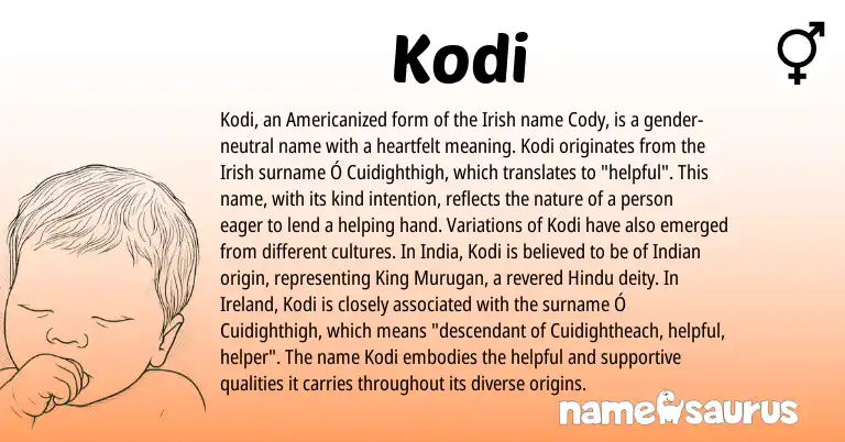 Infographic about Kodi name meaning, Kodi is a name from Irish, Ireland, Indian, Hindu origin(s).