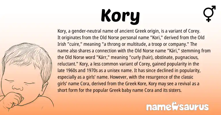 Infographic about Kory name meaning, Kory is a name from Old Norse, Old Irish, Greek origin(s).