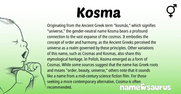 Infographic about Kosma name meaning, Kosma is a name from Polish, Ancient Greek, Greek origin(s).
