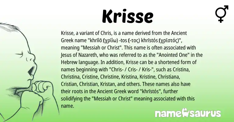 Infographic about Krisse name meaning, Krisse is a name from Ancient Greek, Hebrew origin(s).