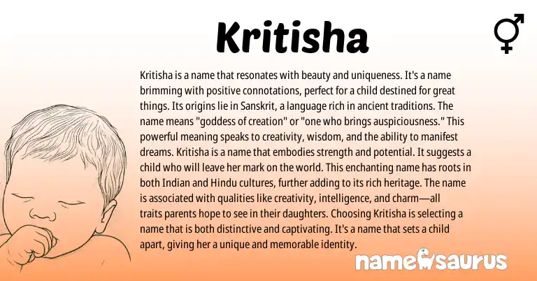 Infographic about Kritisha name meaning, Kritisha is a name from Indian, Sanskrit origin(s).