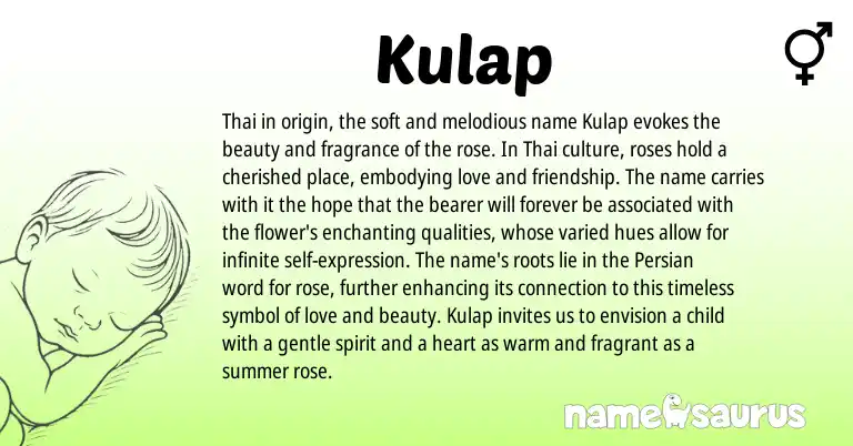 Infographic about Kulap name meaning, Kulap is a name from Thai, Persian origin(s).