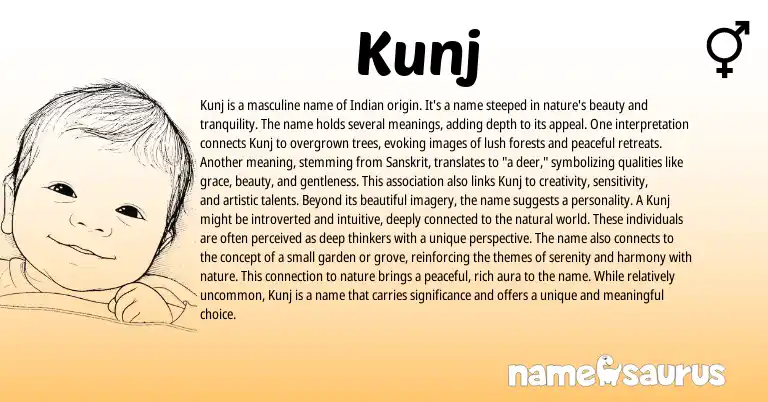 Infographic about Kunj name meaning, Kunj is a name from Indian, Sanskrit, Hindi origin(s).