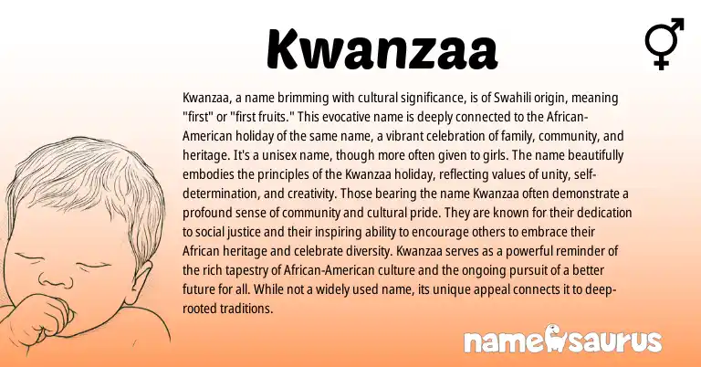 Infographic about Kwanzaa name meaning, Kwanzaa is a name from African, Swahili origin(s).