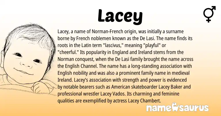 Infographic about Lacey name meaning, Lacey is a name from Ireland, English, England, French, Latin, Norman, American origin(s).