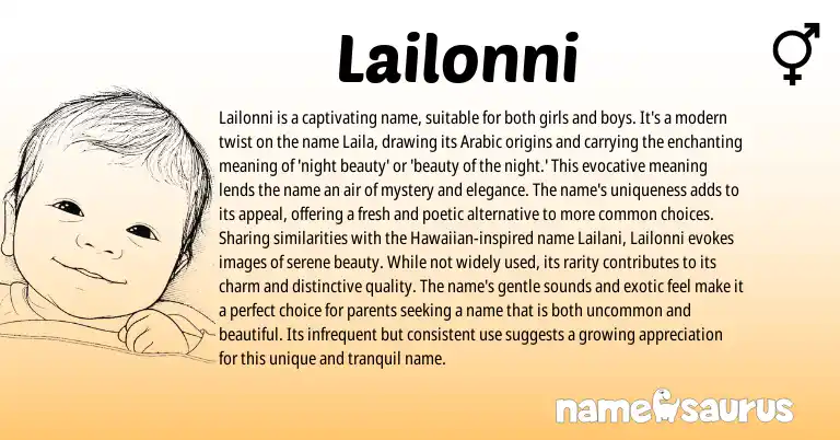Infographic about Lailonni name meaning, Lailonni is a name from Arabic origin(s).