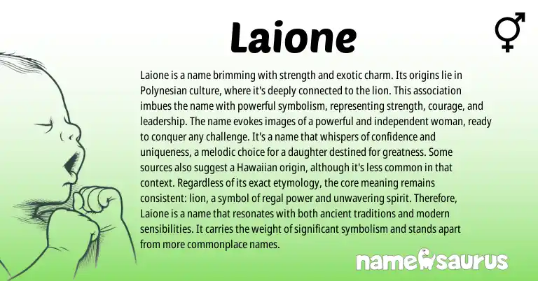 Infographic about Laione name meaning, Laione is a name from Polynesian origin(s).