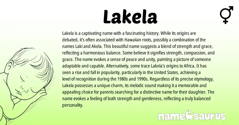 Infographic about Lakela name meaning, Lakela is a name from Hawaiian origin(s).