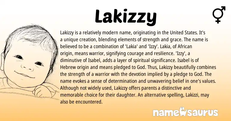 Infographic about Lakizzy name meaning, Lakizzy is a name from African origin(s).