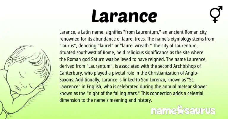 Infographic about Larance name meaning, Larance is a name from Roman, English, Latin origin(s).