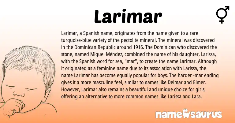 Infographic about Larimar name meaning, Larimar is a name from Spanish, Dominican Republic origin(s).