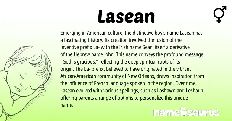 Infographic about Lasean name meaning, Lasean is a name from Irish, French, Hebrew, African, American origin(s).