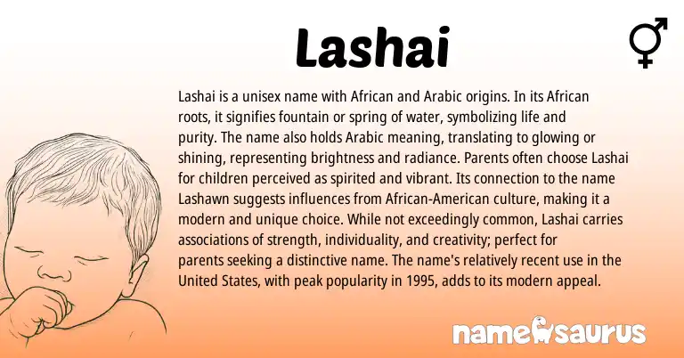 Infographic about Lashai name meaning, Lashai is a name from African, Arabic origin(s).