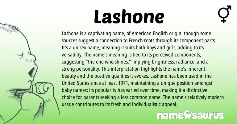 Infographic about Lashone name meaning, Lashone is a name from French, American origin(s).