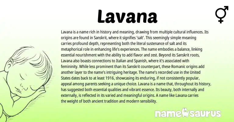 Infographic about Lavana name meaning, Lavana is a name from Indian, Sanskrit origin(s).