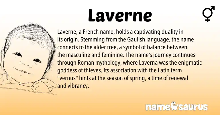 Infographic about Laverne name meaning, Laverne is a name from French, Roman, Latin, Gaulish origin(s).
