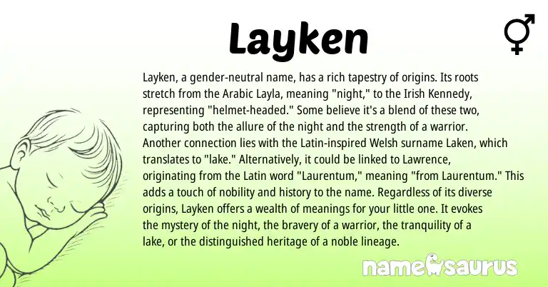 Infographic about Layken name meaning, Layken is a name from Irish, Arabic, Latin, Welsh origin(s).