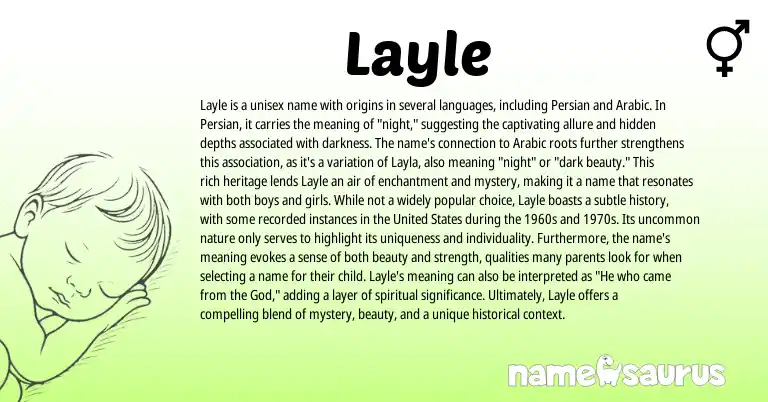 Infographic about Layle name meaning, Layle is a name from Hebrew, Persian, Arabic origin(s).