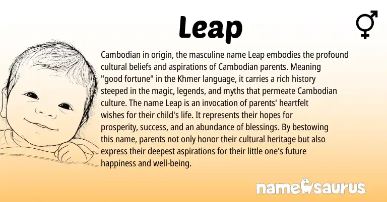 Infographic about Leap name meaning, Leap is a name from Khmer, Cambodian origin(s).