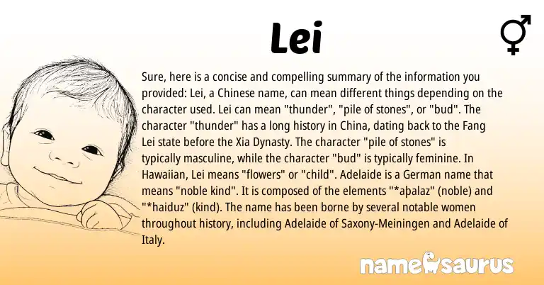 Infographic about Lei name meaning, Lei is a name from Chinese, German, Hawaiian origin(s).