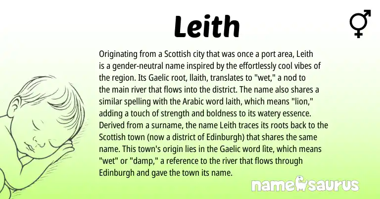 Infographic about Leith name meaning, Leith is a name from Gaelic, Arabic, Scottish origin(s).