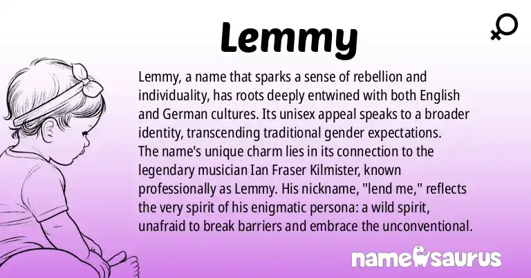 Infographic about Lemmy name meaning, Lemmy is a name from English, German origin(s).