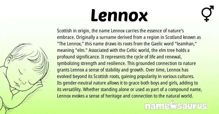 Infographic about Lennox name meaning, Lennox is a name from Gaelic, Scottish, Celtic origin(s).