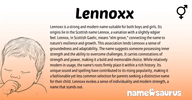 Infographic about Lennoxx name meaning, Lennoxx is a name from English origin(s).