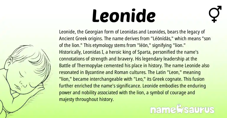 Infographic about Leonide name meaning, Leonide is a name from Ancient Greek, Georgian, Roman, Latin, Greek origin(s).