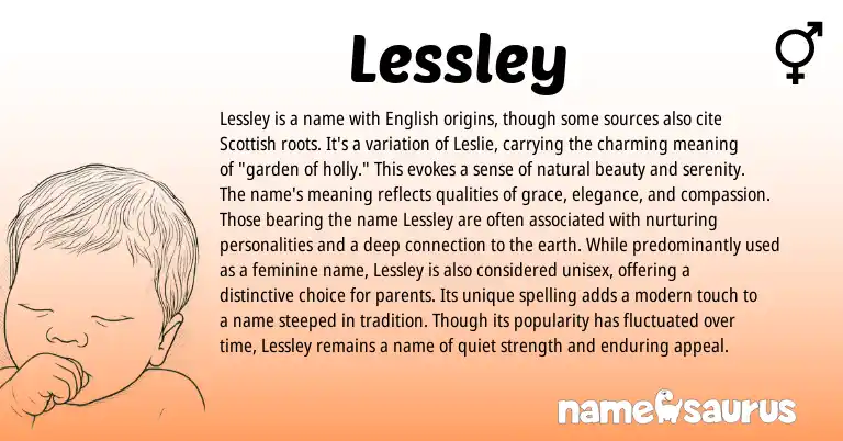 Infographic about Lessley name meaning, Lessley is a name from English origin(s).
