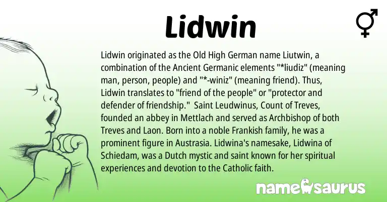 Infographic about Lidwin name meaning, Lidwin is a name from Old High German, Dutch, Ancient Germanic, Frankish origin(s).