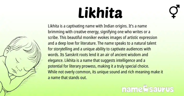 Infographic about Likhita name meaning, Likhita is a name from Indian origin(s).