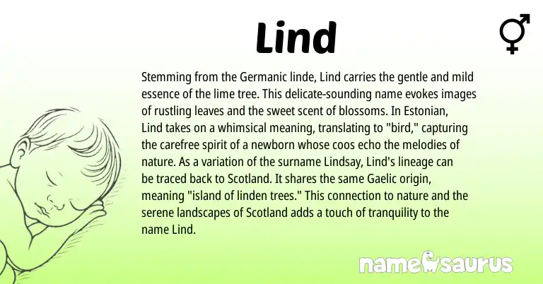 Infographic about Lind name meaning, Lind is a name from Gaelic, Germanic, Estonian origin(s).