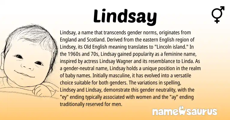 Infographic about Lindsay name meaning, Lindsay is a name from Old English, English, England origin(s).