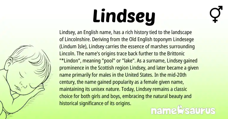 Infographic about Lindsey name meaning, Lindsey is a name from Old English, English, Scottish, United States origin(s).