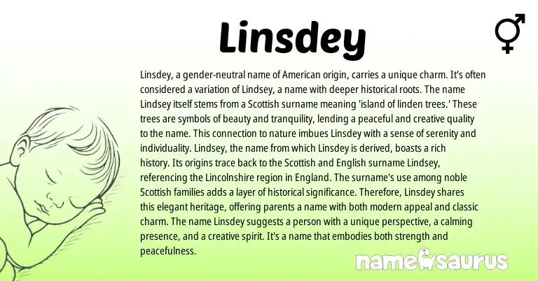 Infographic about Linsdey name meaning, Linsdey is a name from Scottish, American origin(s).