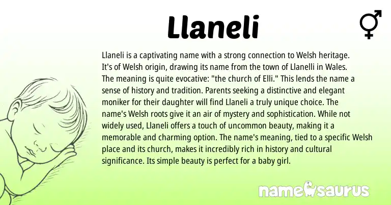 Infographic about Llaneli name meaning, Llaneli is a name from Welsh origin(s).