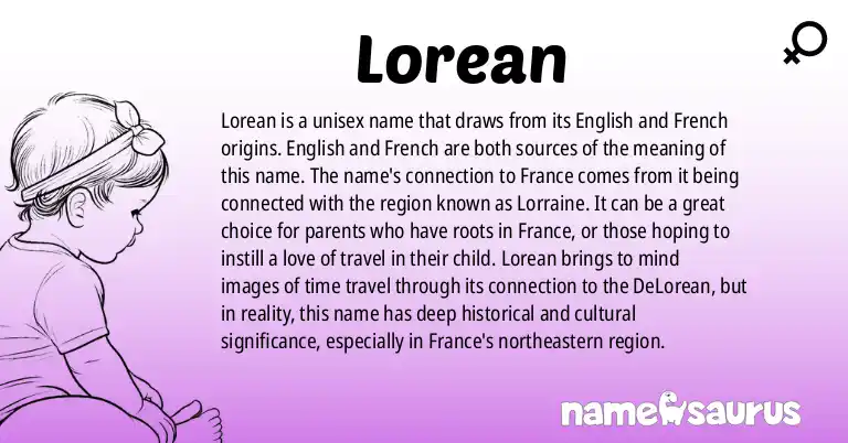 Infographic about Lorean name meaning, Lorean is a name from English, French origin(s).